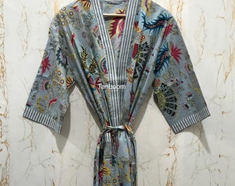 Cotton Kimono Robe Women, Block Print Lounge Wear, Lightweight Summer Bathrobe, Gift for Her