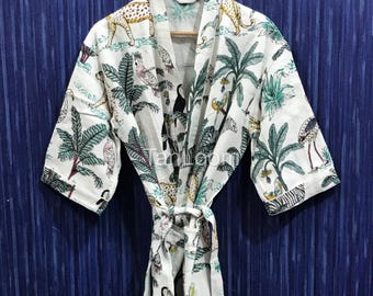 Hand Block Printed Waffle Robe, White Jungle Boho Lounge Robe