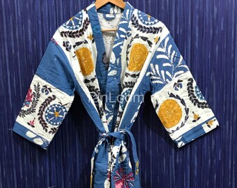 Hand-Stitched Kantha Cotton Kimono: Indian Floral Print Robe
