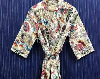 Handmade Floral Kantha Kimono: Indian Cotton Bath Robe Lounge Wear
