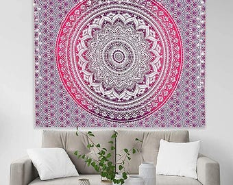 Mandala Tapestry, Floral Bohemian Fractal Pattern, Indian Boho Hippie (84x54 Inches)