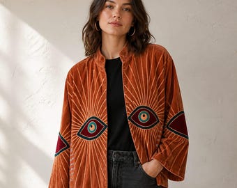 Può includere: Una giacca in velluto color ruggine con apertura frontale e maniche larghe. Il capo è decorato con motivi a occhio ricamati e linee radianti a raggiera nei toni del blu scuro, ottanio e crema, indossato sopra una maglia nera e jeans.