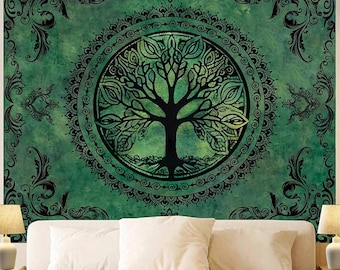 Green Tree of Life Mandala Tapestry, Bohemian Nature Wall Hanging (60"X79")