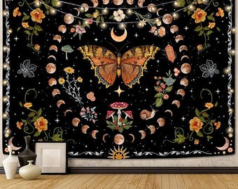 Orange Butterfly Moon Flower Tapestry: Botanical Floral Boho Bedroom Decor