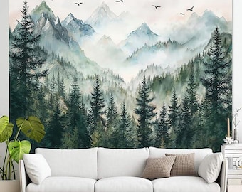 Misty Forest Mountain Tapestry Nature Tapestry Bedroom Watercolor Foggy Woodlands (80L x 60W) Inch