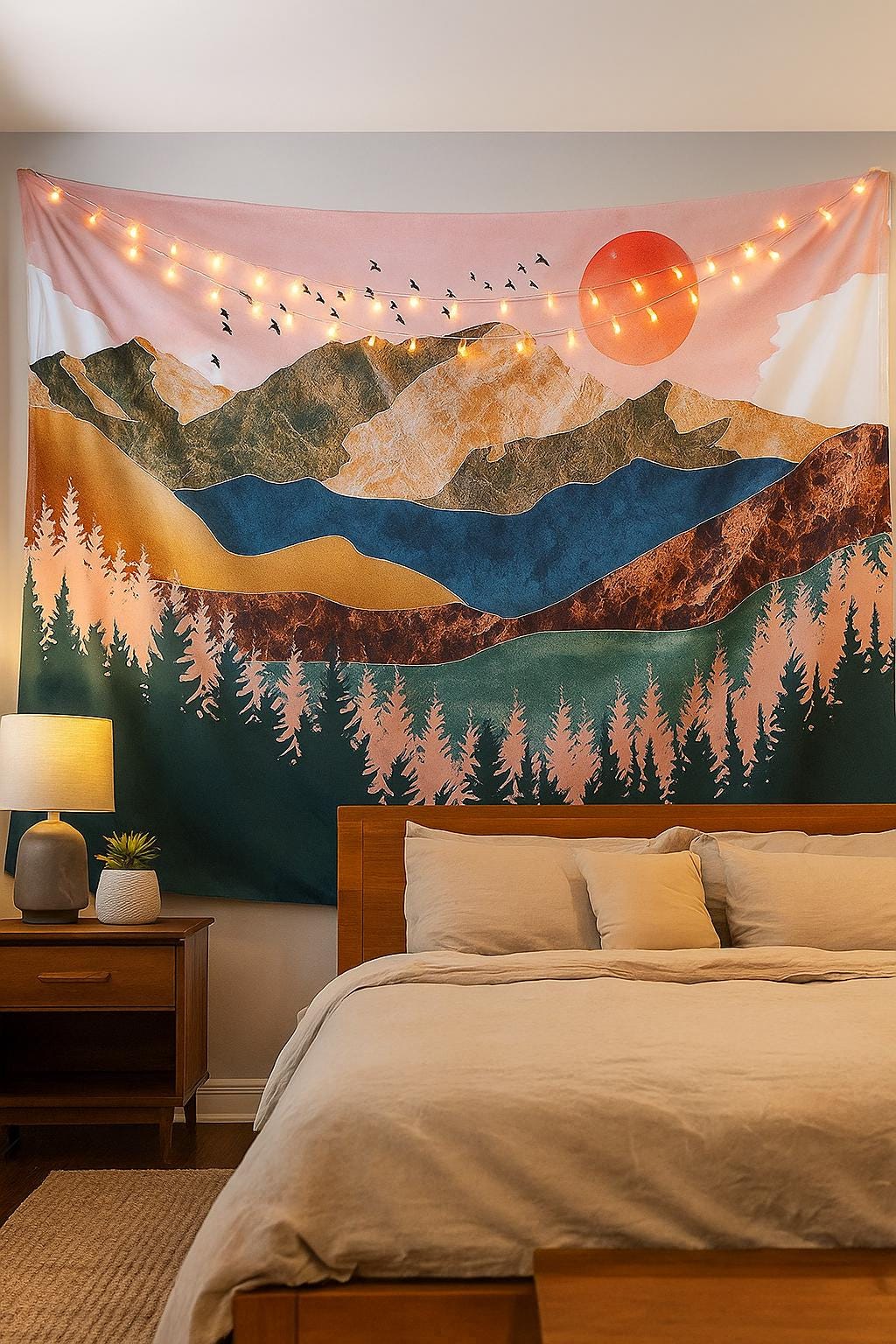 Sunset Forest Tapestry: Psychedelic Mountain Landscape Wall Art