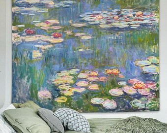 Monet Seerosen-Teich-Ölgemälde-Tapisserie, impressionistischer Blumenwand-Kunst-Behang