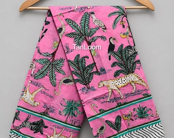 Roze katoenen sarong met jungle-blokprint – handgemaakte strandomslagpareo, zomerkleding