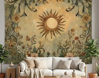 Sun and Moon Tapestry, Boho Retro Green Plant Aesthetics Tapestries for Living Room 60x80inches