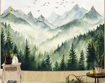 Ink Wash Misty Mountain Landscape Tapestry, Eastern Poetic Nature Wall Decor