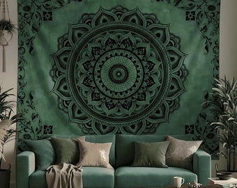 Green Mandala Tapestry, Boho Hippie Ceiling Art Decor (60"X79")