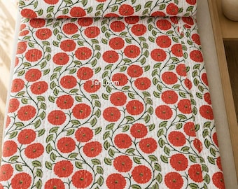 Hand Block Print Kantha Quilt, 100% Cotton Floral Bedspread (Twin/Queen/King)