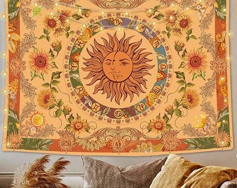 Sun and Moon Tapestry Vintage Indie Boho Tapestry Wall Hanging with Sunflowers (80'' × 60'')