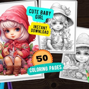 50 Cute Baby Girl Coloring pages, Coloring pages for adults and kids, Stress Relief Activity, Instant Download Printable PDF Coloring Page