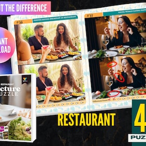 May include: A set of 40 restaurant-themed spot the difference puzzles. The puzzles are printed on white paper with black text and images. The puzzles are designed to be challenging and fun for people of all ages.