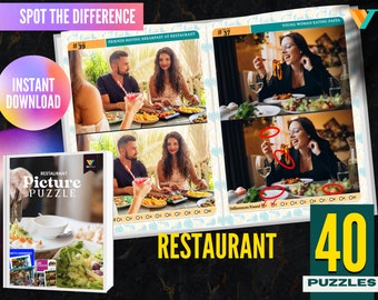 Restaurant Spot The Difference Printable PDF Pages, Cafe Diner Find Food The Difference Instant Digital Download