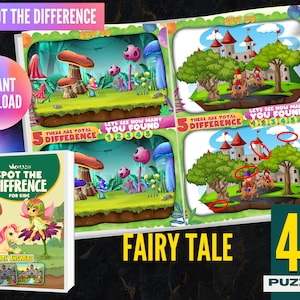 K&ouml;nnte beinhalten: Ein Kinder-Aktivit&auml;tsbuch mit dem Titel "Spot the Difference for Kids" mit einem M&auml;rchen-Thema. Das Cover zeigt eine Cartoon-Fee und ein Einhorn. Das Buch enth&auml;lt 40 R&auml;tsel und den Text "Sofort-Download". Die Seiten zeigen zwei "Finde den Unterschied"-R&auml;tsel.