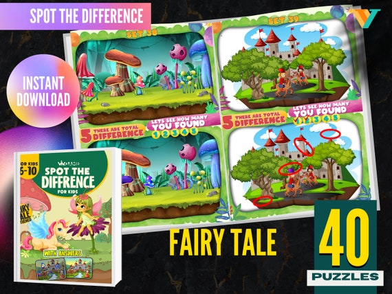 Fairy tale Spot the Difference, Coloring Printable Pages, Love Find the difference, Instant Download, Digital Download, Fairy tale, princess