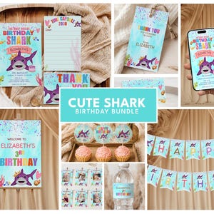 May include: A shark-themed birthday party bundle featuring a purple shark illustration, colorful text, and aquatic elements. Includes a birthday invitation, time capsule card, thank you tag, welcome sign, cupcake toppers, photo banner, and water bottle label.