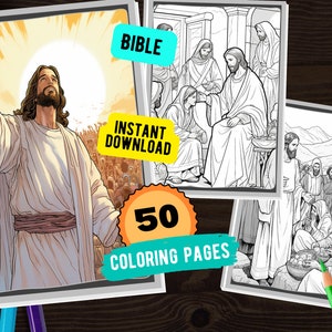 May include: A set of 50 black and white coloring pages featuring scenes from the Bible. The pages include images of Jesus, disciples, and other biblical figures. The text "BIBLE" and "INSTANT DOWNLOAD" are visible on the pages.
