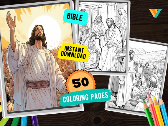 50 Bible Coloring Pages, Printable PDF Instant Download, Christian Coloring Pages, Jesus Coloring Book, Adult Activity Book, Coloring Pages