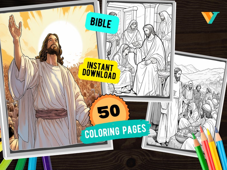 May include: A set of 50 black and white coloring pages featuring scenes from the Bible. The pages include images of Jesus, disciples, and other biblical figures. The text "BIBLE" and "INSTANT DOWNLOAD" are visible on the pages.