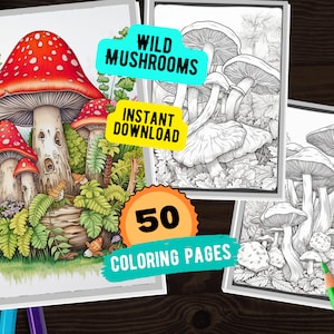 50 Wild Mushrooms Coloring Pages Printable PDF, Nature Coloring Book Instant Download, Botanical Coloring Book, Coloring Book For Adults