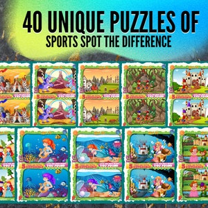 K&ouml;nnte beinhalten: Eine Sammlung von 12 farbenfrohen Suchbild-R&auml;tseln. Jedes R&auml;tsel zeigt eine andere Szene, darunter Ritter, Drachen, Burgen und Meerjungfrauen. Der Text oben lautet: "40 UNIQUE PUZZLES OF SPORTS SPOT THE DIFFERENCE".