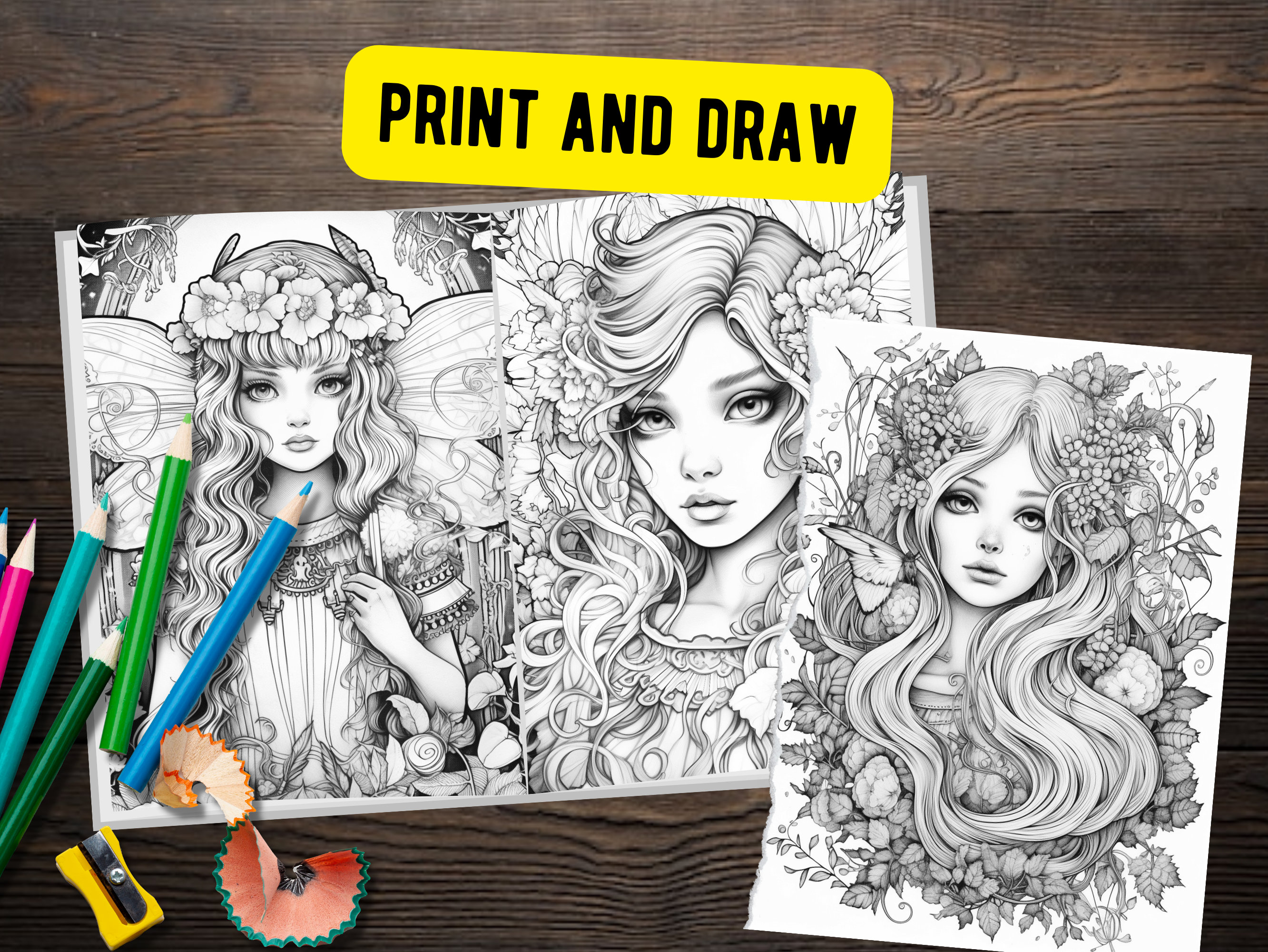 50 Page Magical Fairy Girls Coloring Book for Adults and Children ...