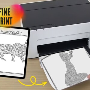 May include: A black and white printer printing a maze of a lion from a tablet. The tablet displays the text "Maze of Lion #27". The printed page shows the end of the maze. The image also includes the text "FINE PRINT".