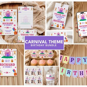 May include: A carnival-themed birthday party bundle featuring printed stationery, cupcake toppers, a water bottle label, and a banner. The items display a circus tent, animals, and the text Richard is turning 2, Nov 28, and Happy Birthday.