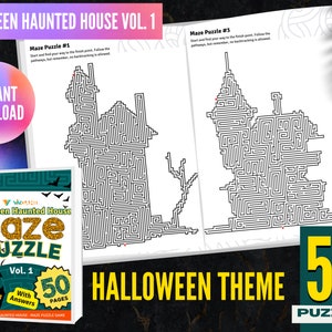 50 Haunted House Maze Puzzle Pages With Solutions, Halloween Themed Fun ...