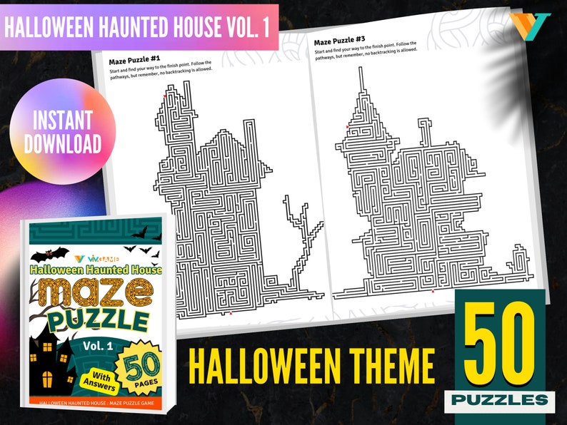 50 Haunted House Maze Puzzle Pages With Solutions, Halloween Themed Fun ...