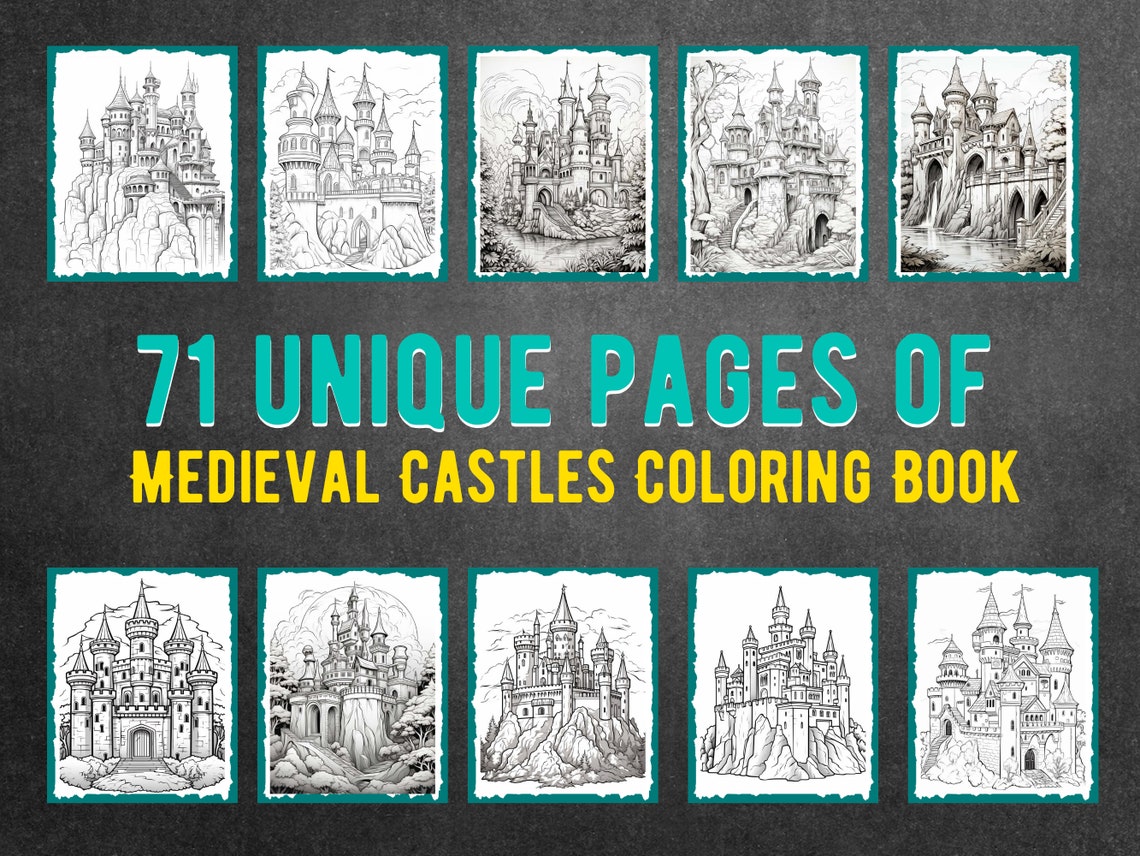 71 Medieval Castles Coloring Page Book, INSTANT DOWNLOAD, Grayscale ...