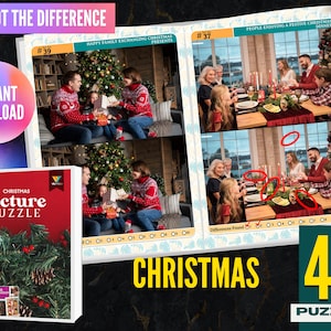 Puede incluir: Un libro de rompecabezas de encontrar las diferencias con temática navideña con 40 rompecabezas. La portada presenta una escena festiva con una familia intercambiando regalos y personas disfrutando de una cena de Navidad.