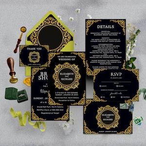 May include: A wedding stationery set featuring black cards with gold ornate borders and text. Includes an envelope with a lime green liner, a wax seal stamp, a green velvet ring box, and postage stamps. The text includes names Elizabeth and Richard.