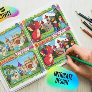 K&ouml;nnte beinhalten: Ein Kinder-Aktivit&auml;tsbuch mit "Finde den Unterschied"-R&auml;tseln. Die Illustrationen zeigen Burgen, Drachen und Charaktere. Der Text "Fun Activity" und "Intricate Design" sind abgebildet. Ein gr&uuml;ner Bleistift wird verwendet, um Unterschiede zu markieren. Buntstifte sind sichtbar.