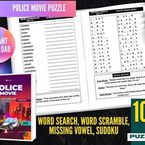 100 Police Movie TV Puzzle V2 Printable PDF, Word Search, Word Scramble, Missing Vowel, Sudoku Instant Download, Adventure Puzzle Game