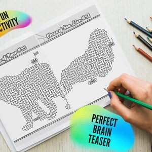 May include: A black and white maze book with two animal mazes, a tiger and a sea lion. The text "FUN ACTIVITY" and "PERFECT BRAIN TEASER" are on the image. A hand is holding a green colored pencil, ready to solve the maze.
