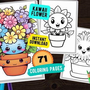 71 Kawaii Coloring Pages, Kawaii Coloring Book, Kawaii Flower Coloring, Beautiful Flower Coloring, Floral Coloring Book, Instant Download