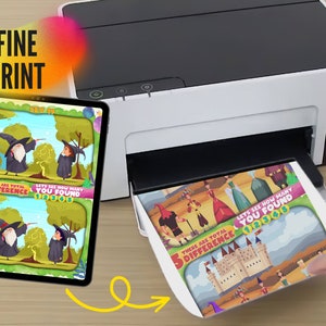 K&ouml;nnte beinhalten: Ein Drucker druckt ein farbenfrohes Kinder-Aktivit&auml;tsblatt. Das Blatt zeigt einen Cartoon-Zauberer und ein Kind mit dem Text "5 DIFFERENCE" und "LET'S SEE HOW MANY YOU FOUND". Ein Tablet zeigt dasselbe Bild.