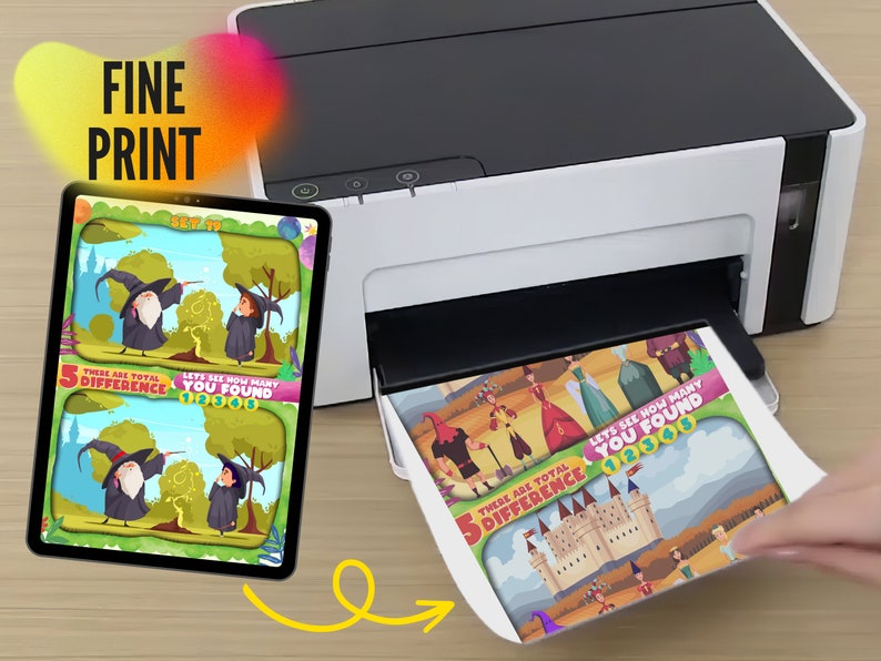 K&ouml;nnte beinhalten: Ein Drucker druckt ein farbenfrohes Kinder-Aktivit&auml;tsblatt. Das Blatt zeigt einen Cartoon-Zauberer und ein Kind mit dem Text "5 DIFFERENCE" und "LET'S SEE HOW MANY YOU FOUND". Ein Tablet zeigt dasselbe Bild.