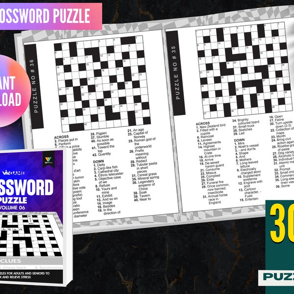 Crossword Puzzles Book For Adults, Fun Activities For Seniors, Digital Download, Printable Game, Instant Downloadable Party Games