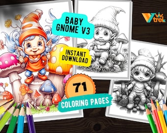 71 süße Gnome Baby v3 Malseite, Malbuch für Erwachsene und Kinder, Instant Download, druckbare PDF