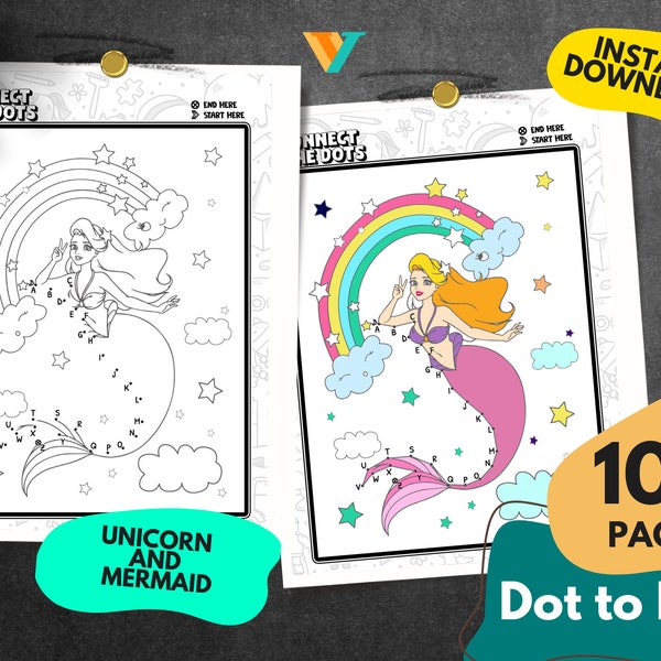 Unicorn and Mermaid Dot to Dot Coloring Book, Kids Activities Kits Printable Pages, Digital Download, Instant Downloadable PDF Book