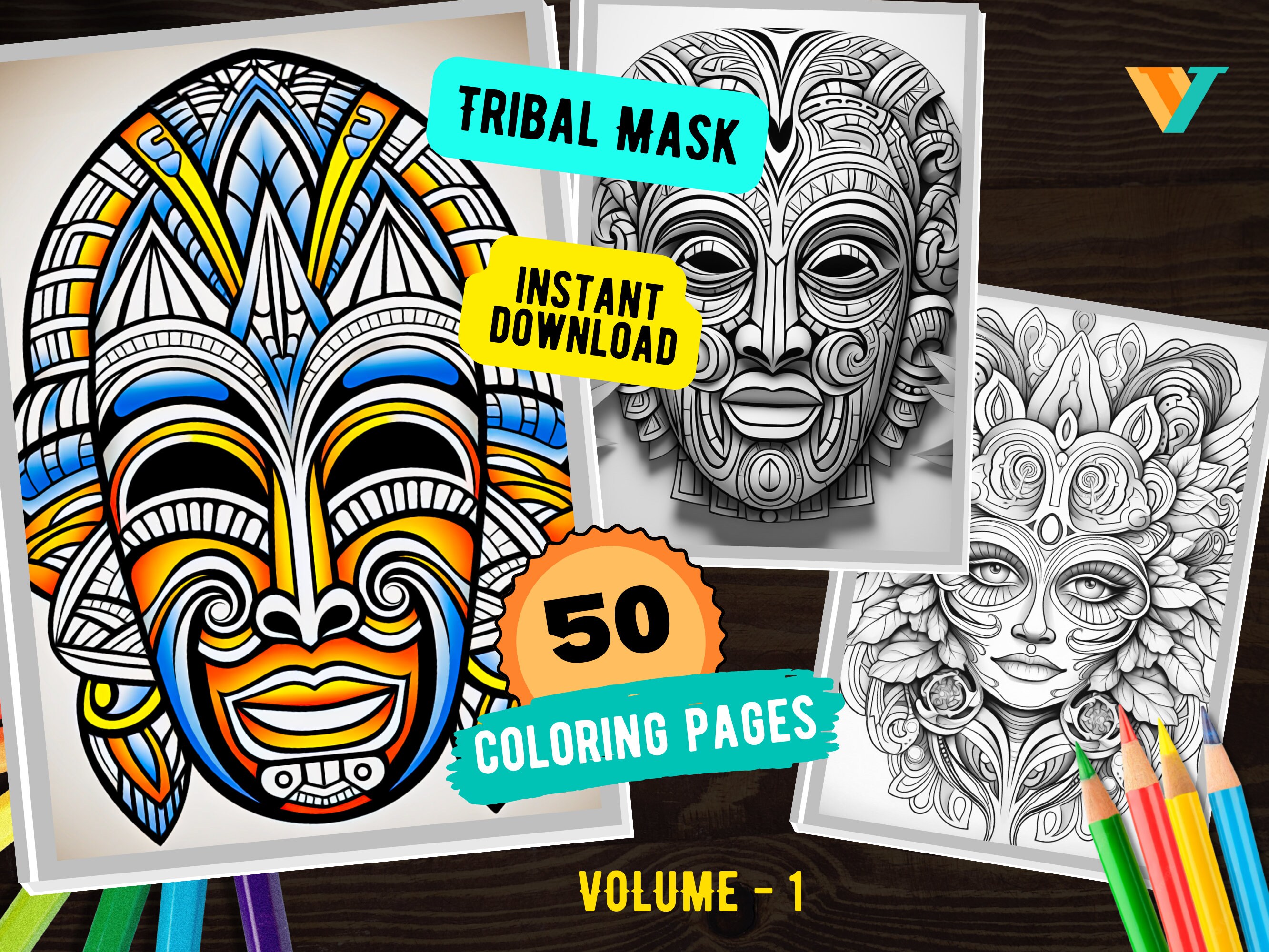 Tribal Masks Mandala 50 Coloring Pages, Instant Download Printable PDF ...