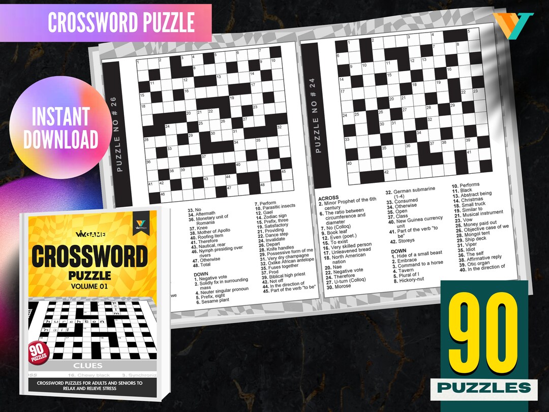 Crossword Puzzles Book for Adults Digital Download, Fun Activities for