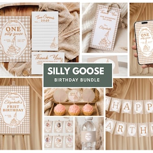 May include: A birthday party stationery bundle featuring a beige gingham pattern and goose illustrations. Includes invitation cards, thank you tags, cupcake toppers, a welcome sign, a banner spelling HAPPY BIRTHDAY, and water bottle labels.
