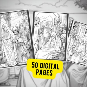 May include: A set of 50 black and white digital coloring pages featuring religious scenes. The pages depict biblical stories with multiple figures in each scene.
