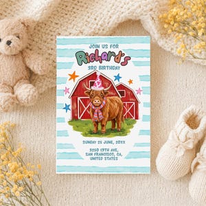 May include: A rectangular birthday invitation card featuring a brown highland cow wearing a pink party hat and a striped scarf in front of a red barn. The text reads JOIN US FOR Richard's 3RD BIRTHDAY, SUNDAY 25 JUNE, 20XX, 3250 19TH AVE, SAN FRANCISCO, CA.